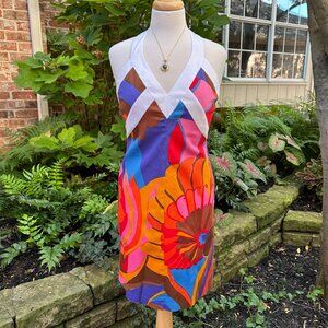 Trina Turk Colorful Floral 60s inspired Lined Halter Mini Dress Sz 2